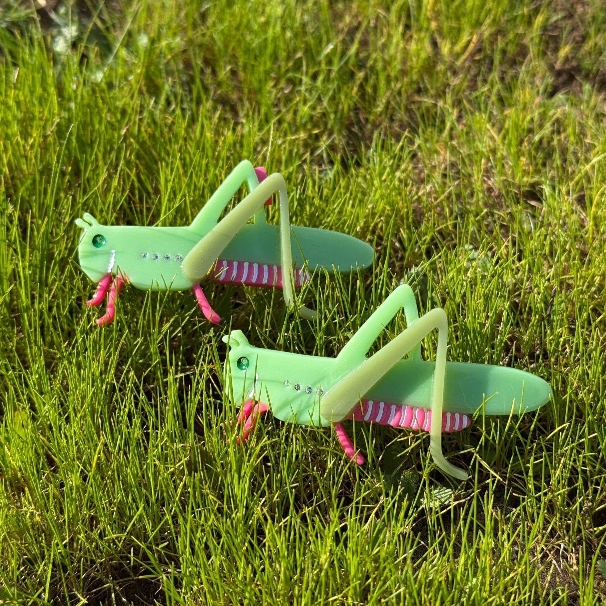 Two green grasshoppers hair accessories on a grassy background