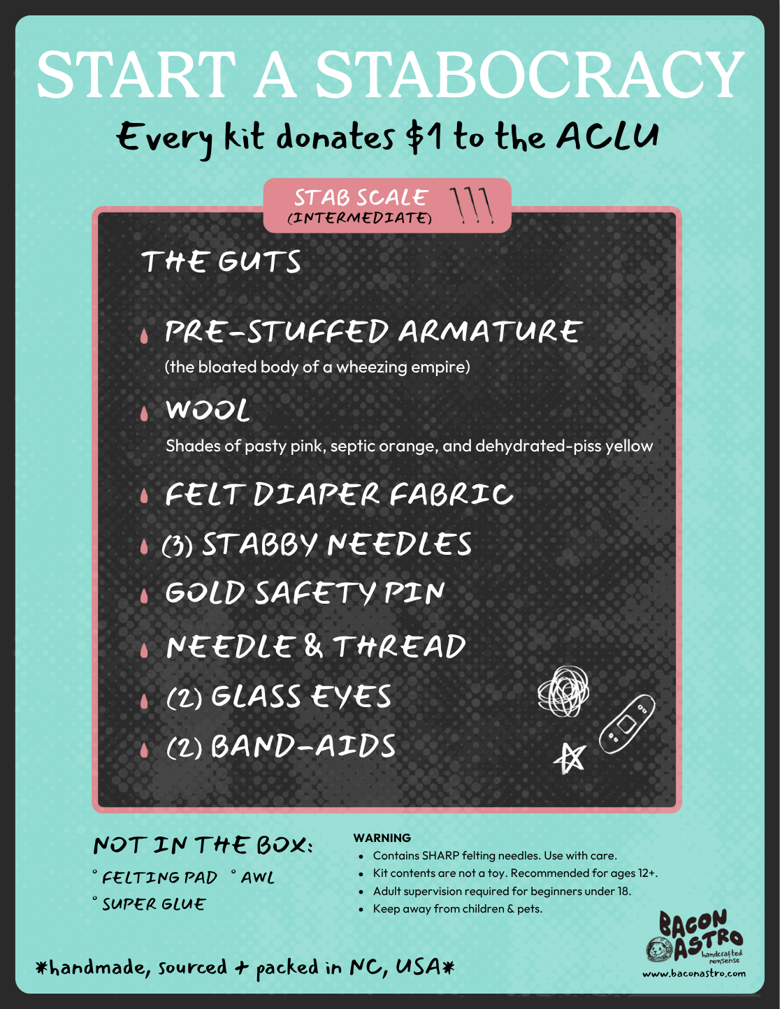 Instructions for creating a 'stabocracy' kit with materials and donation information to the ACLU. includes safety warning