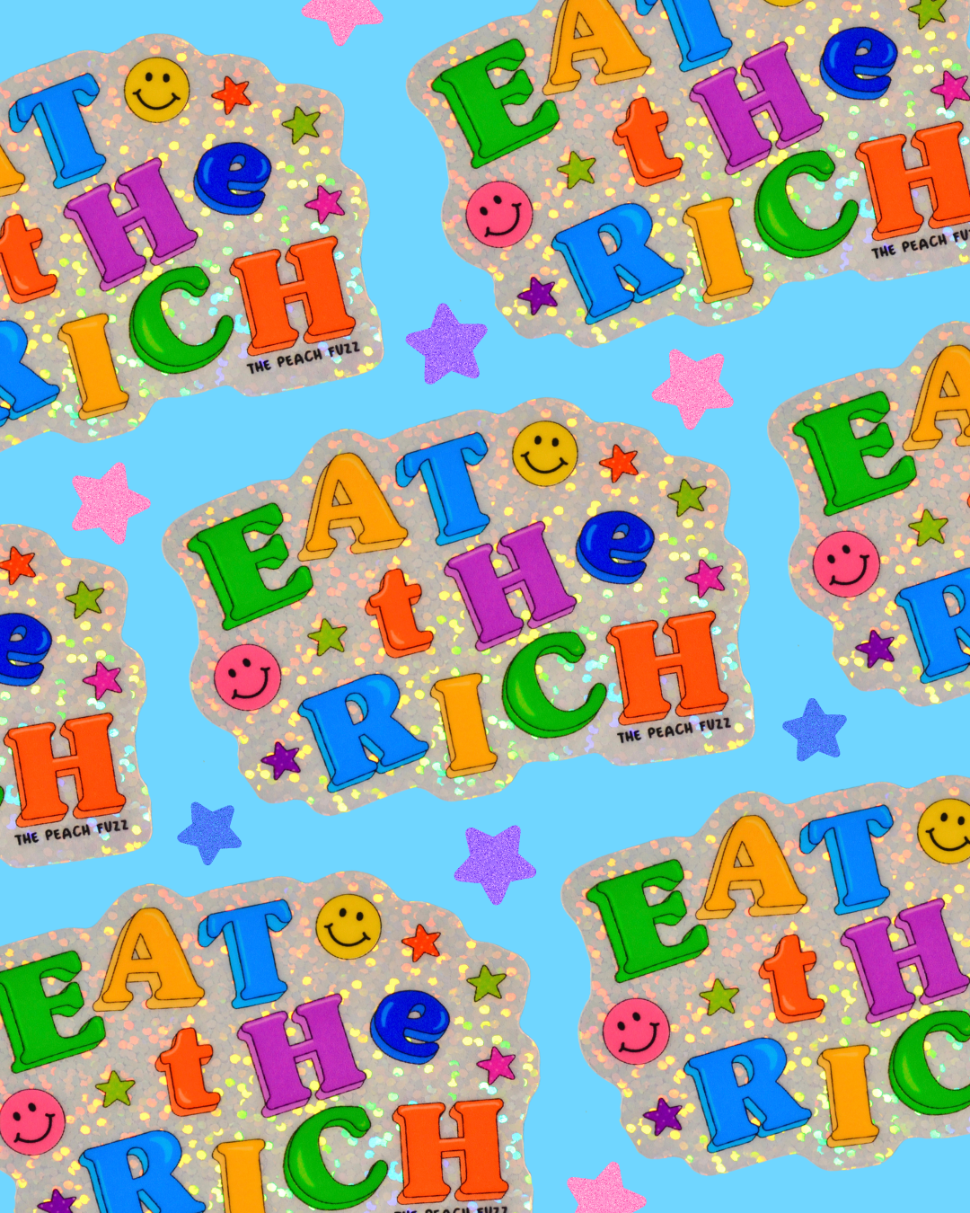 Pattern of 'Eat the Rich' text with colorful letters and stars on a blue background.