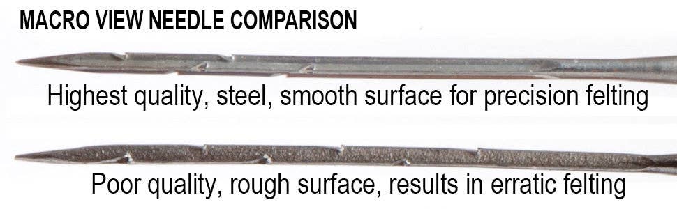 Comparison of macro view needle felting needles with text describing quality and surface finish.