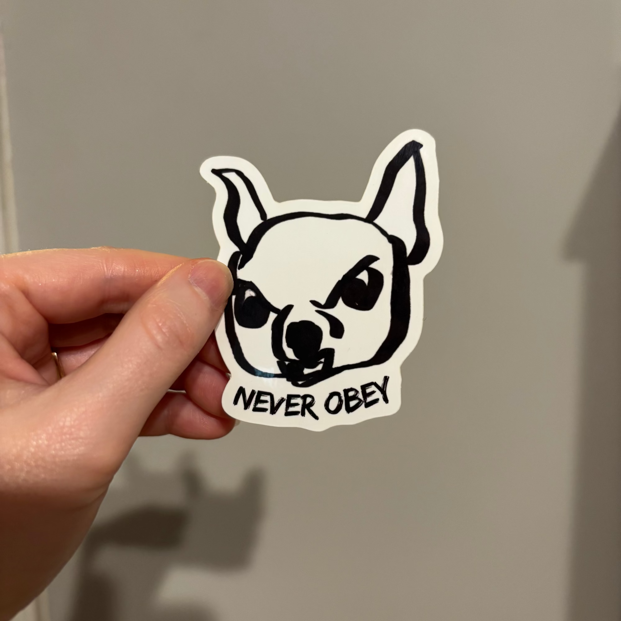 hand holding an angry dog sticker with original art that reads Never Obey