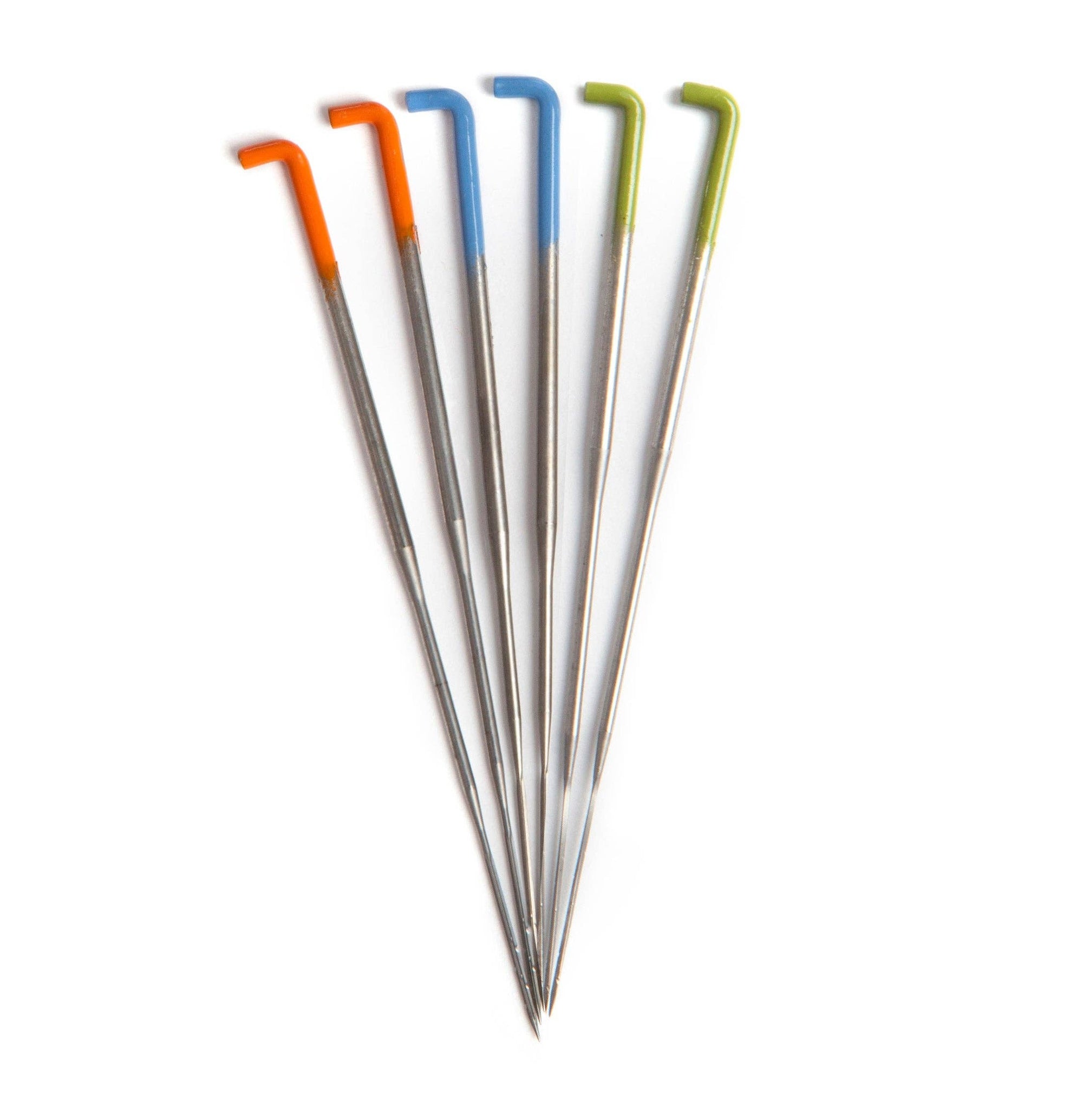Set of needle felting needles with colorful tips on a white background