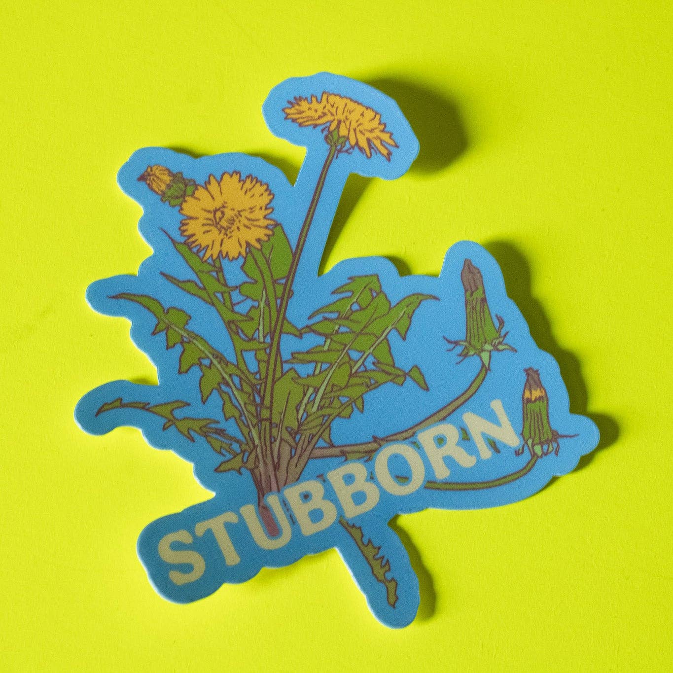 Sticker with dandelion design and 'Stubborn' text on a yellow background