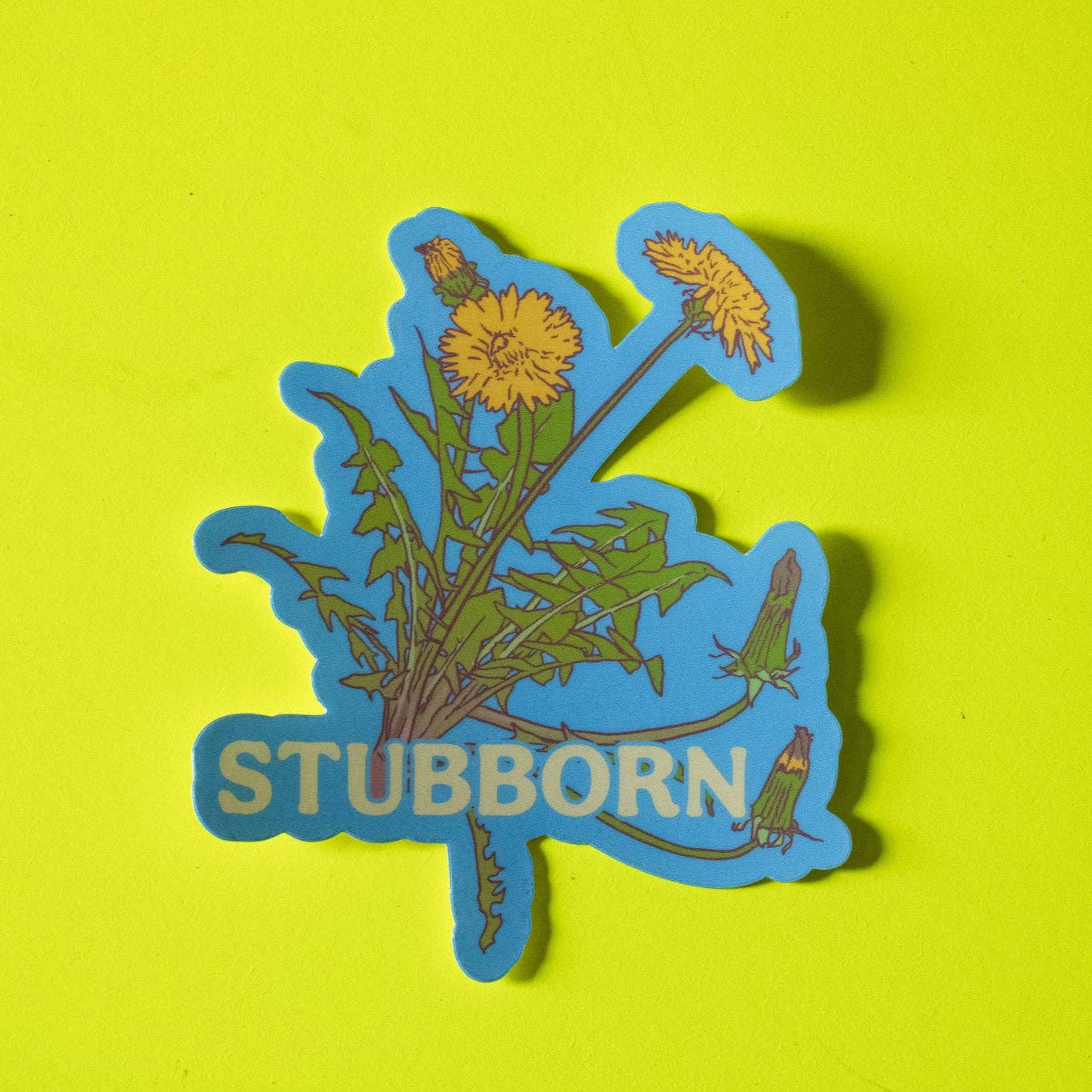 Sticker with dandelions and the word 'Stubborn' on a yellow background