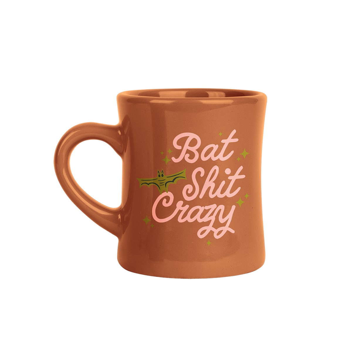 Brown mug with 'Bat Shit Crazy' text and bat graphic on a white background