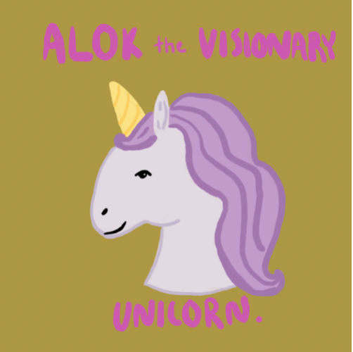 Illustration of a unicorn with a yellow horn and purple mane on a green background with text 'Alok the Visionary Unicorn'.