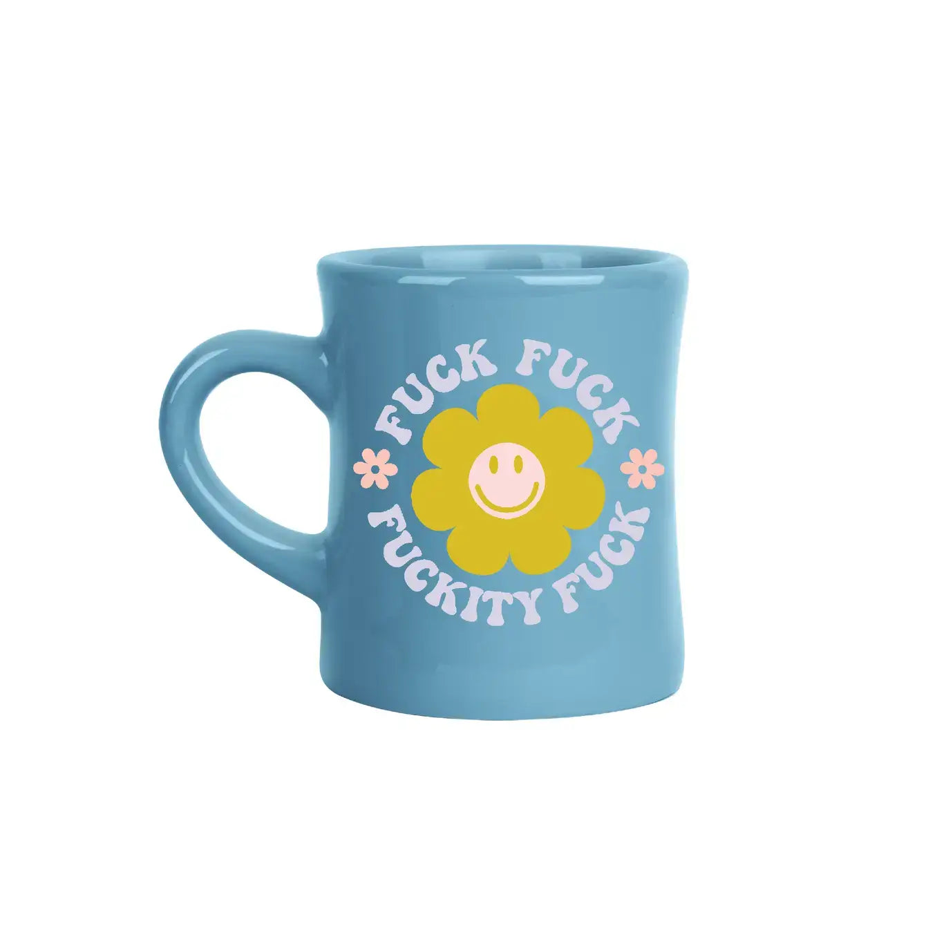 Blue mug with a sassy smiley yellow floral design and snarky text on a white background