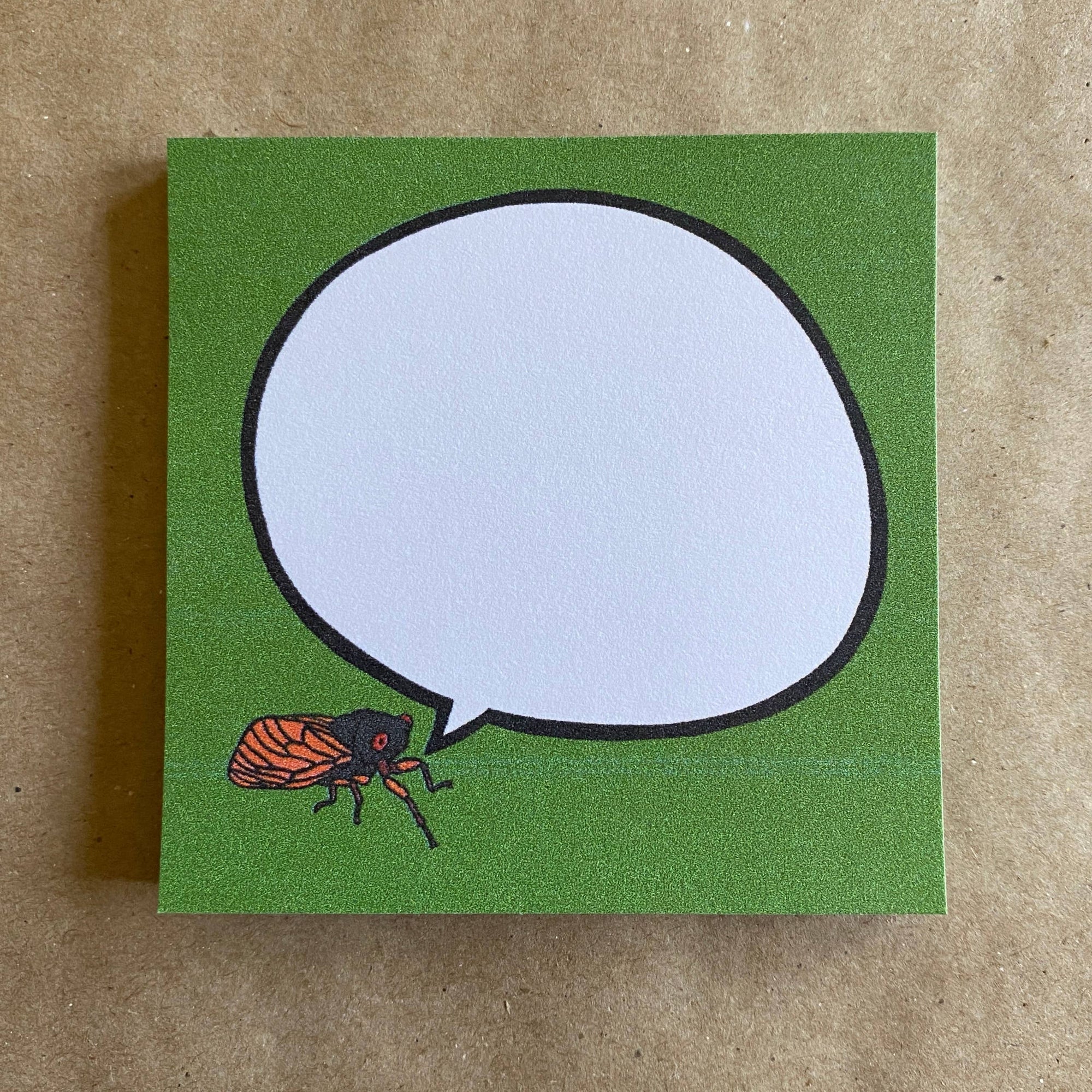 green sticky notes post it with a cicada and speech bubble on a green background