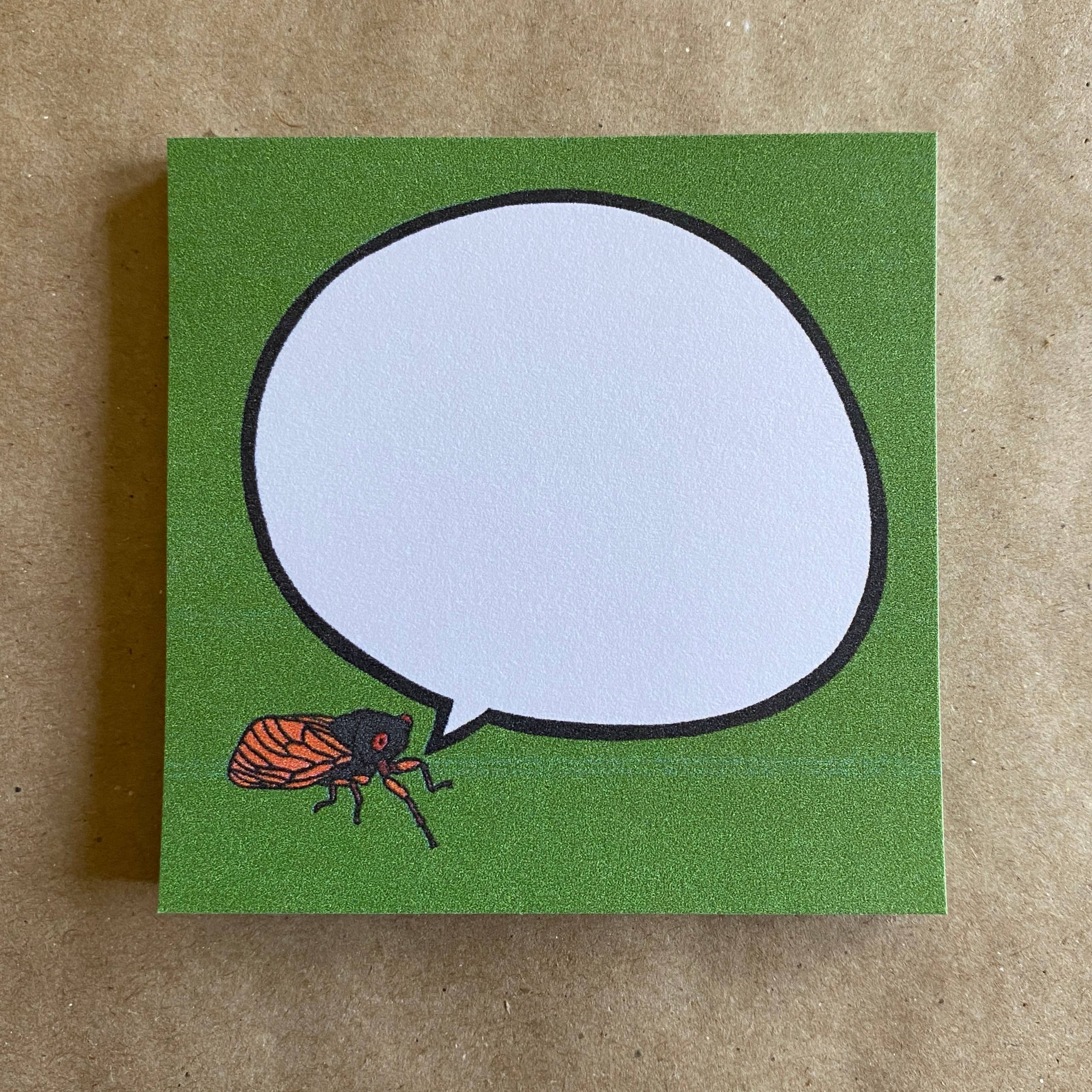green sticky notes post it with a cicada and speech bubble on a green background