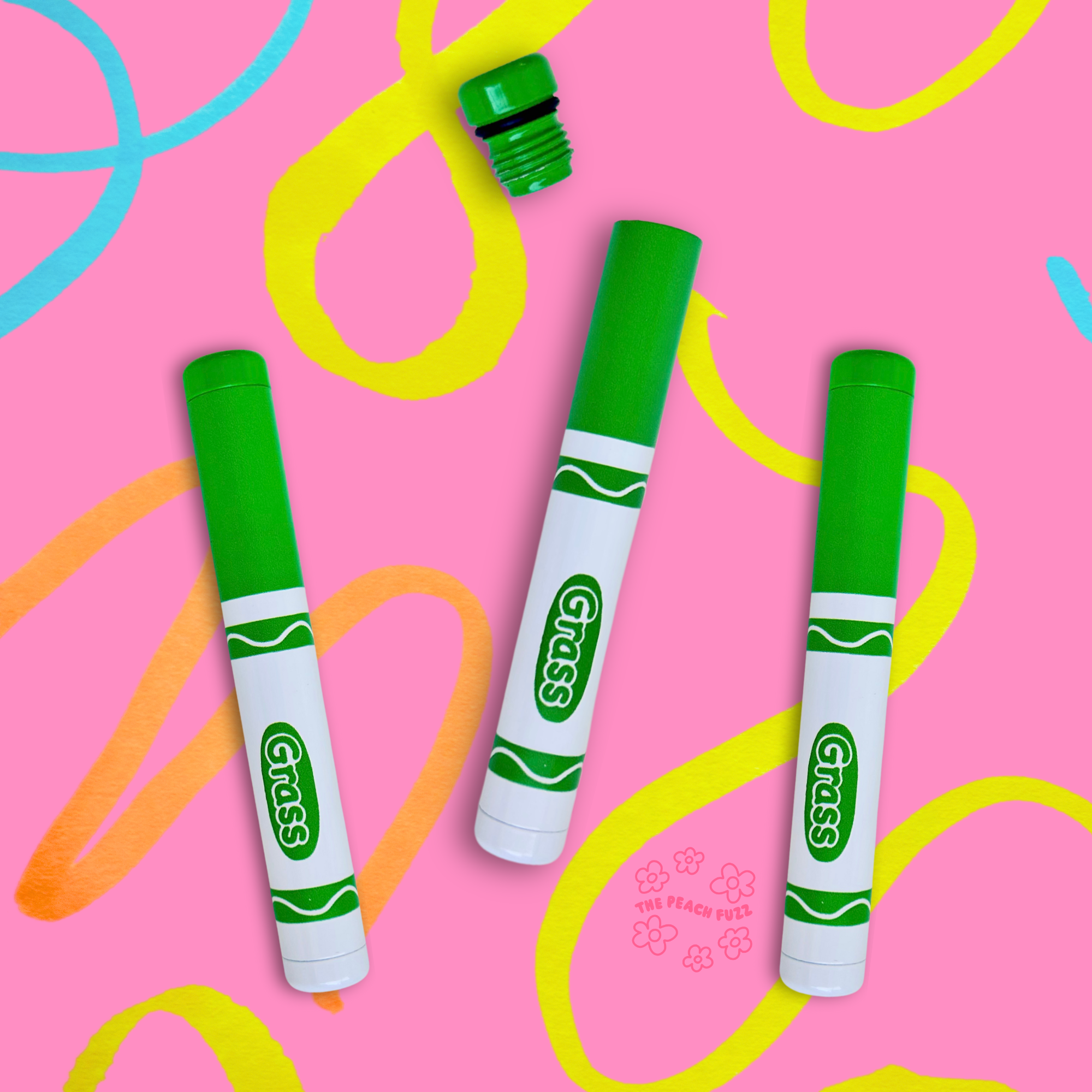 Three cases that look like green marker on a pink background with colorful abstract shapes