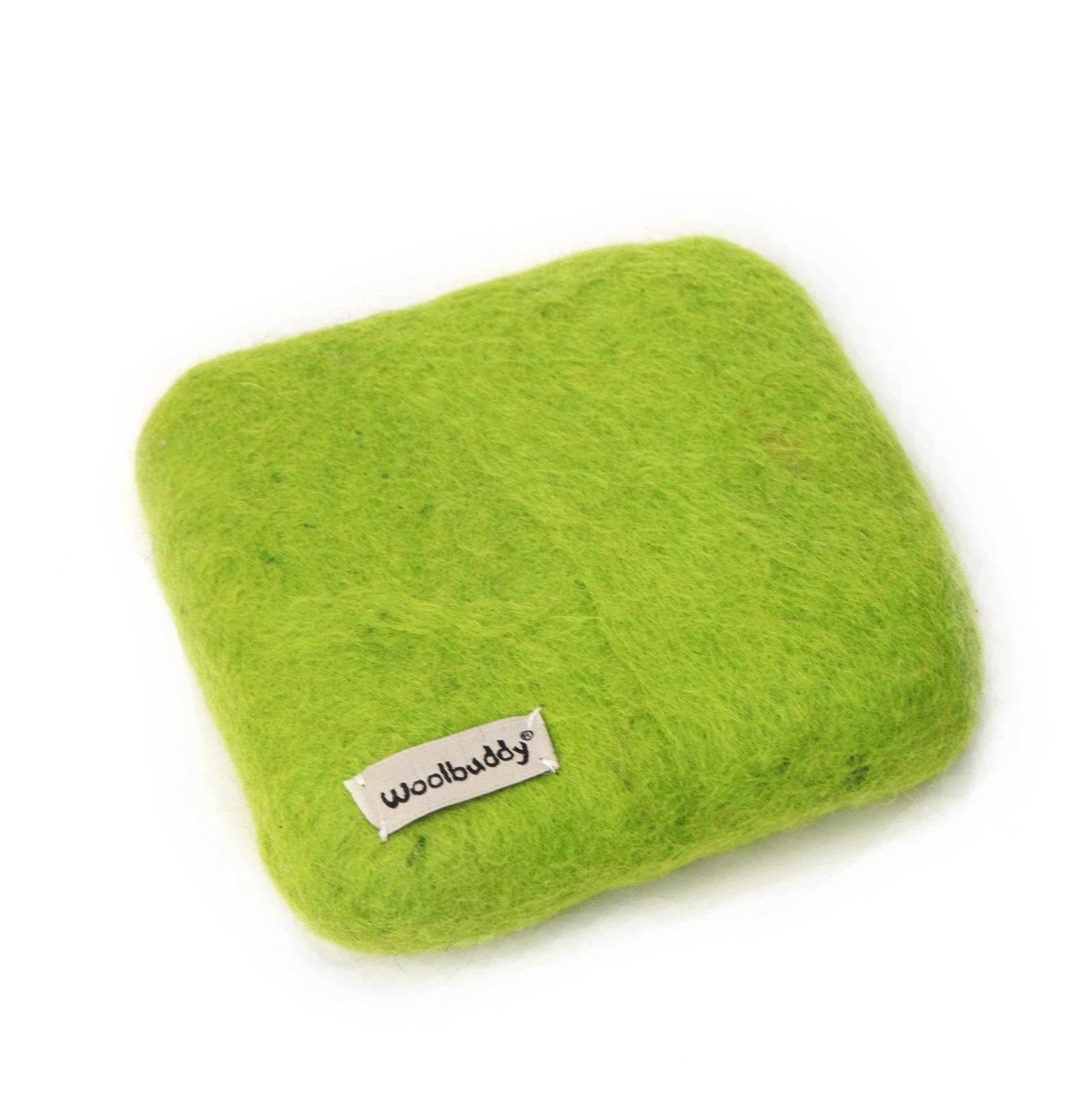 lime Green needle felting mat with 'woolbuddy' label on a white background