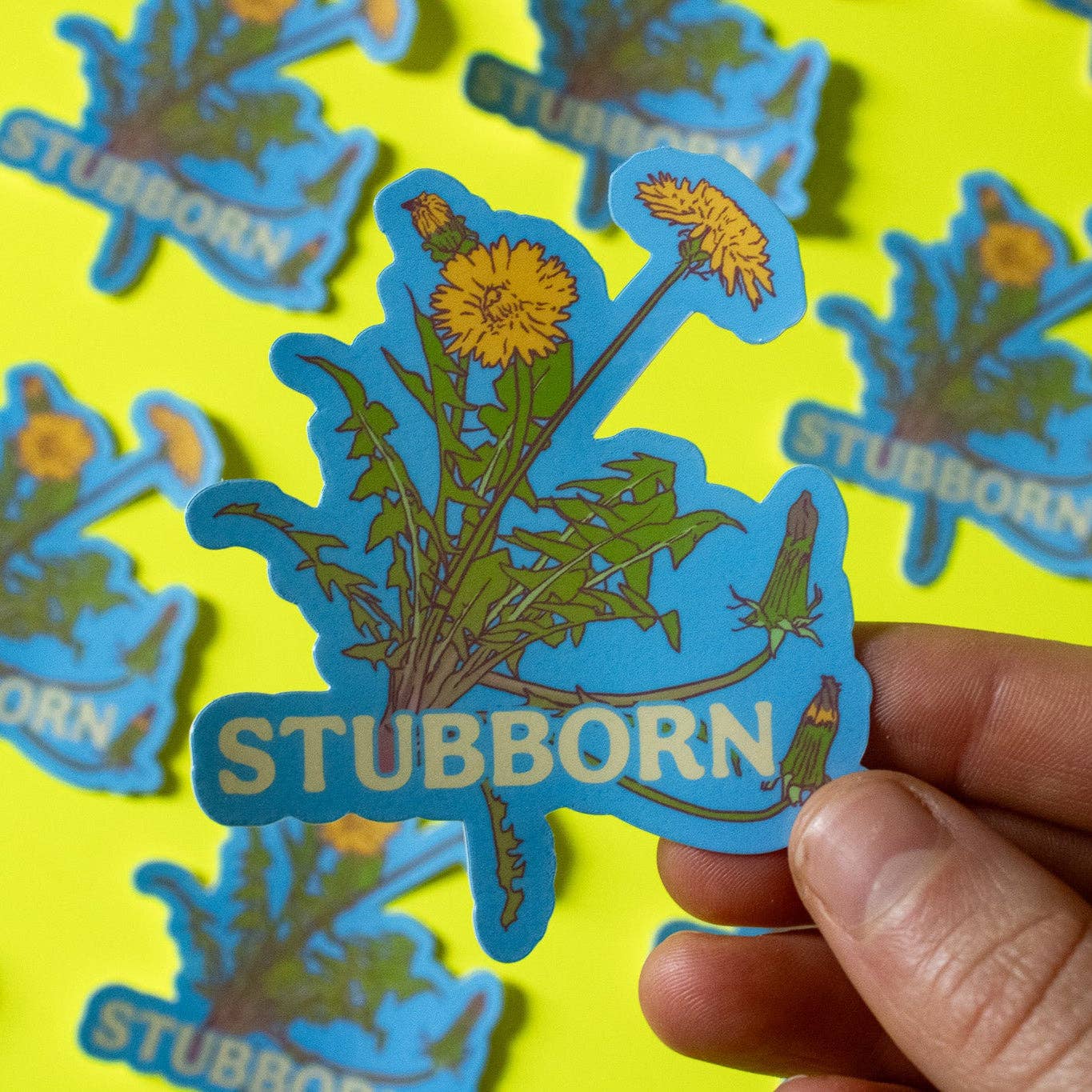 Sticker with dandelion design and 'STUBBORN' text held by a hand on a yellow background with more stickers.