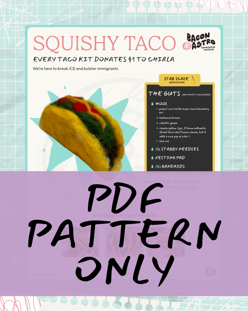 Squishy taco download pdf needle felting pattern product with branding and text on a colorful background