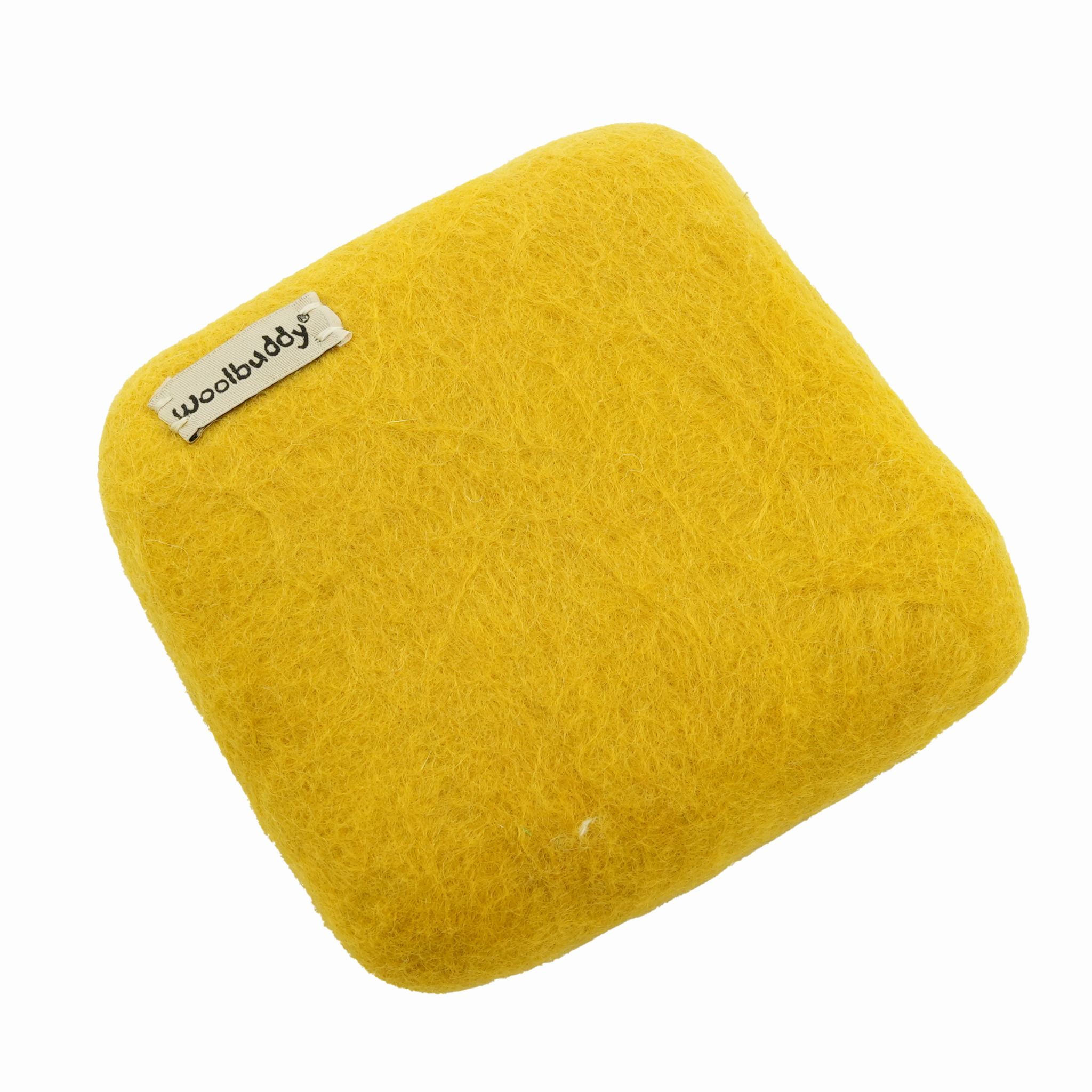 yellow needle felting mat with 'woolbuddy' label on a white background